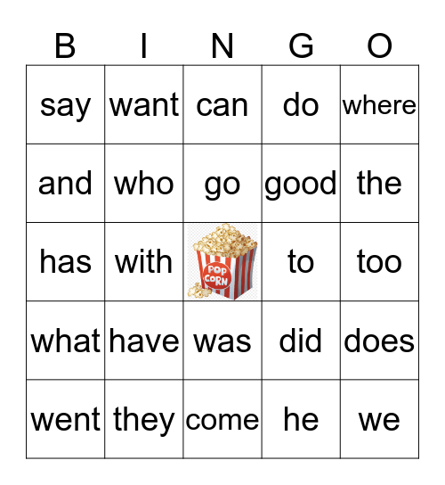 Popcorn Word Bingo Card