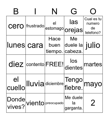 spanish Bingo Card