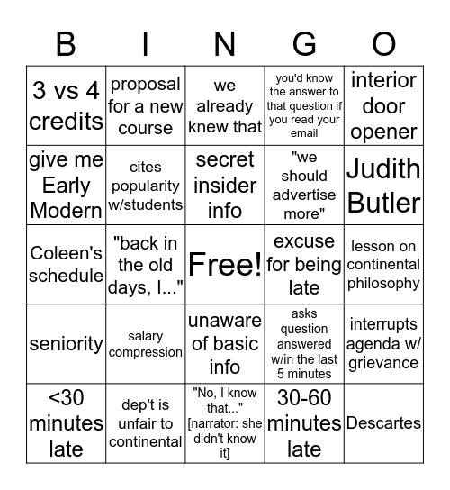 Grievance Bingo Card