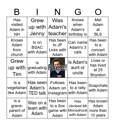 Adam's Graduation Party: Find someone who... Bingo Card