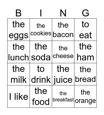 La comida Bingo Card