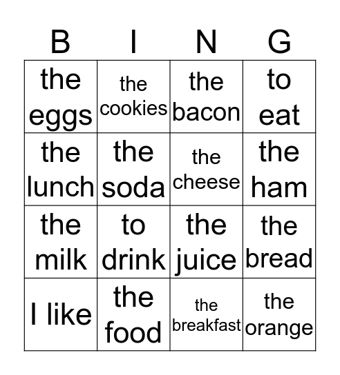 La comida Bingo Card
