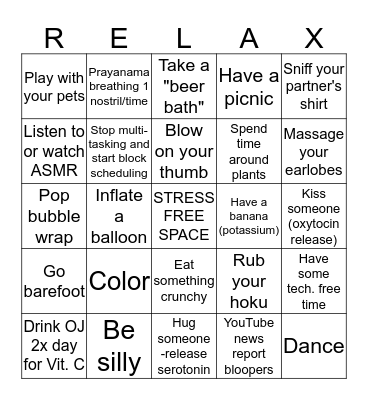 Stress-Relief Bingo Card