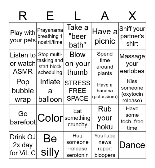 Stress-Relief Bingo Card