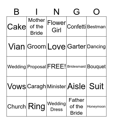 Caragh's Bridal Shower Bingo Card