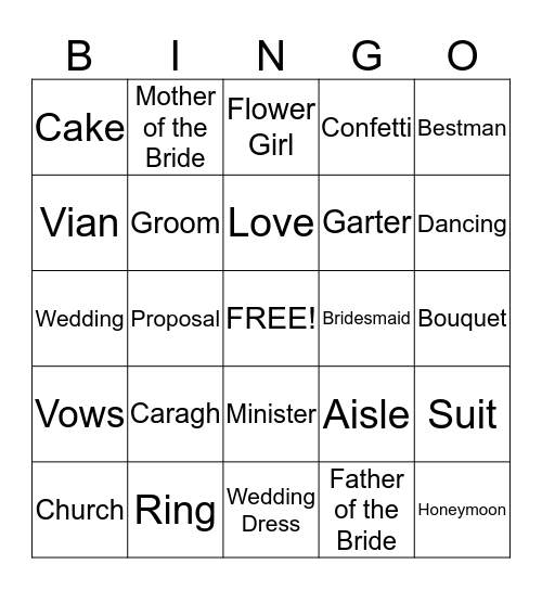 Caragh's Bridal Shower Bingo Card