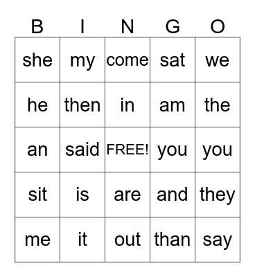Sight Words Bingo Card