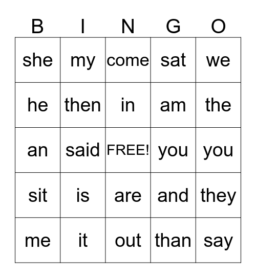 Sight Words Bingo Card