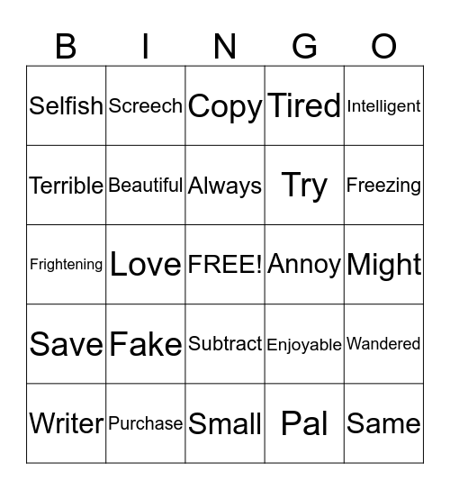 Synonyms Bingo Card