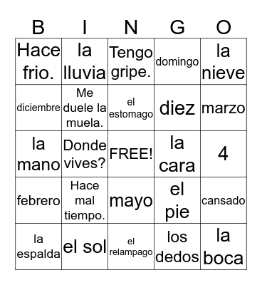 Spanish Bingo Card