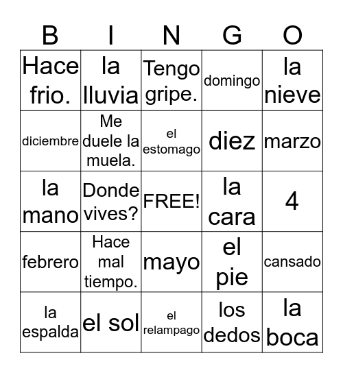 Spanish Bingo Card