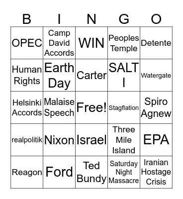70's Bingo Card