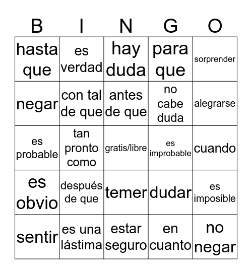 Subjunctive ~ Ch. 4 Bingo Card