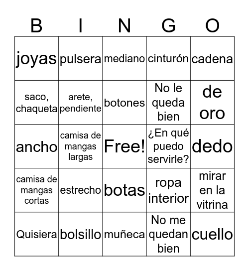 Spanish 2 Chapter 4 Group 1 Vocabulary BINGO Card