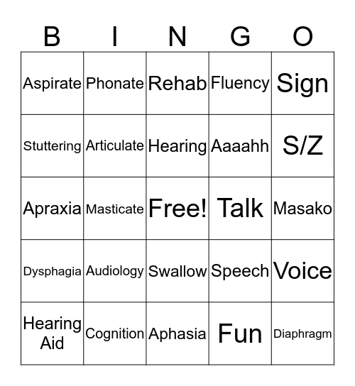Speech Therapy Bingo Card