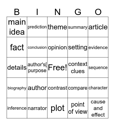 Reading Vocabulary Bingo Card