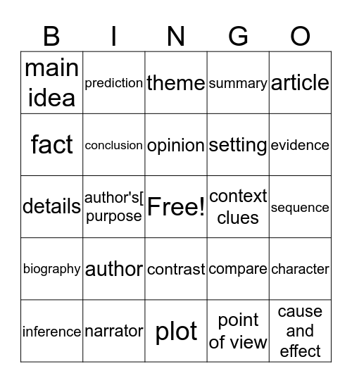 Reading Vocabulary Bingo Card