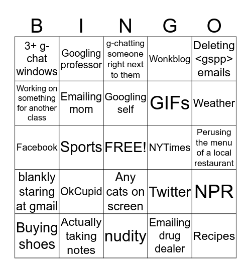 Laptop In Class Bingo Card