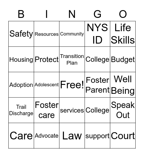 Region 2 Foster Care Bingo Card