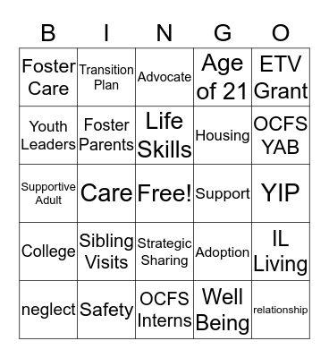 Foster Care Bingo Game Bingo Card