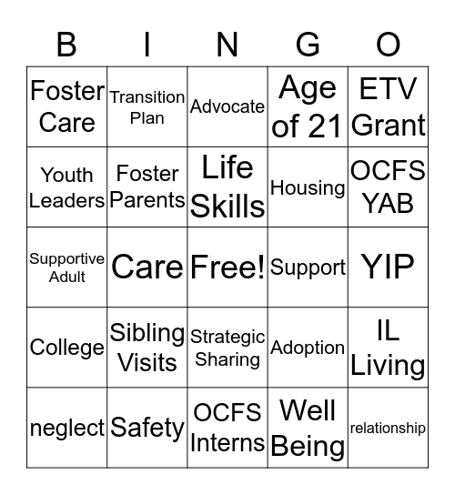 Foster Care Bingo Game Bingo Card