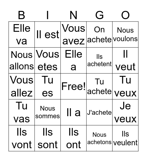 French Verb Review Bingo Card