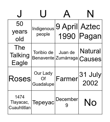 Juan Diego Bingo Card