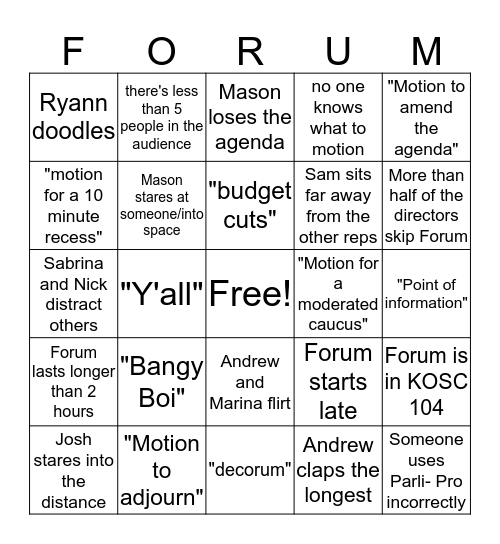 Forum Bingo Card