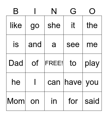 Heart Words Bingo Card