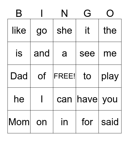 Heart Words Bingo Card