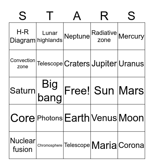 Astronomy Bingo Card