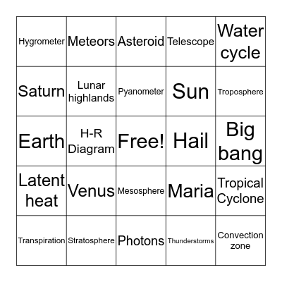 Astronomy Bingo Card