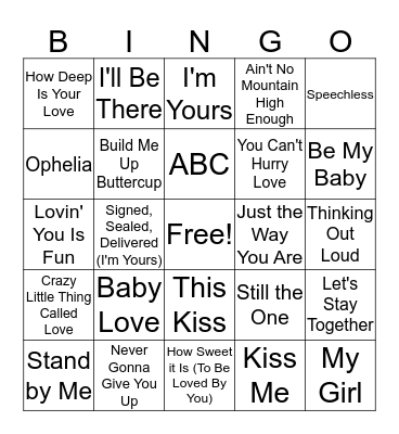 Love Song Music Bingo  Bingo Card
