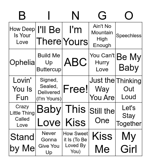 Love Song Music Bingo  Bingo Card