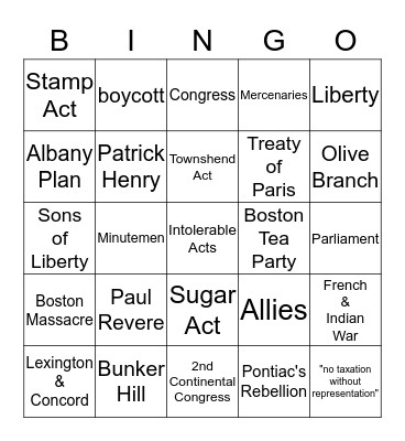 CH 8 Events before the Revolutionary War Bingo Card