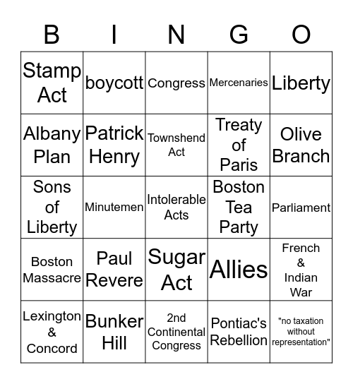CH 8 Events before the Revolutionary War Bingo Card