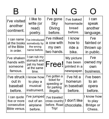 Life Experiences Bingo Card