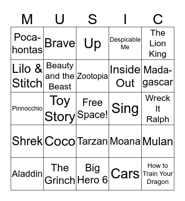 Animated Movie Songs Bingo Card