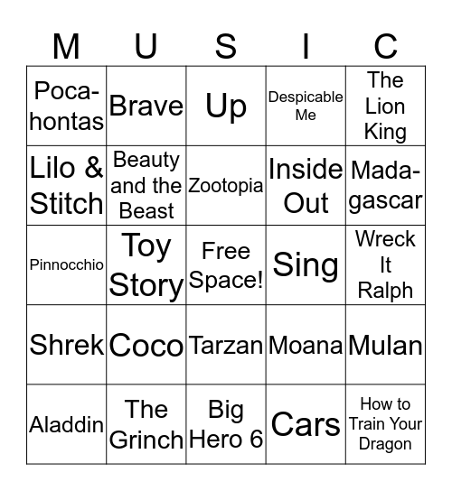 Animated Movie Songs Bingo Card