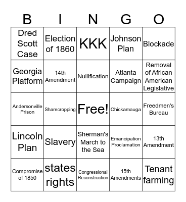 Civil War Bingo Card