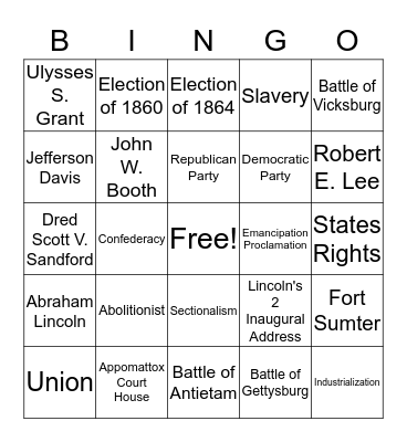 Civil War Bingo Card