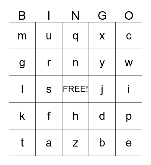 Lowercase Letters Bingo Card