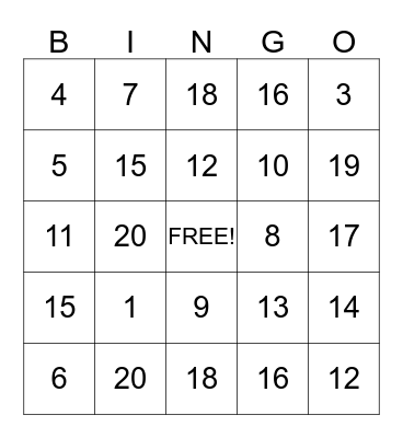 Number Indentification Bingo Card