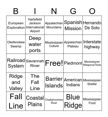 Georgia's Geography Bingo Card