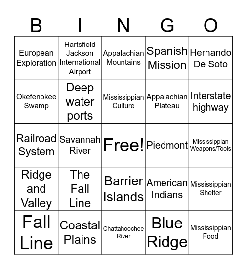 Georgia's Geography Bingo Card