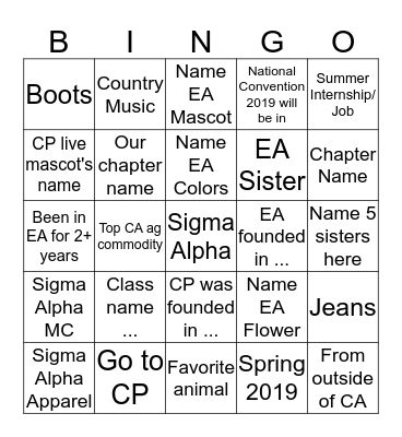 Sigma Alpha Bingo Card