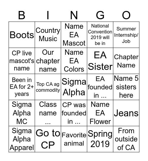 Sigma Alpha Bingo Card