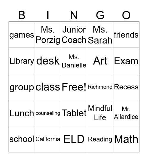 School Bingo Card