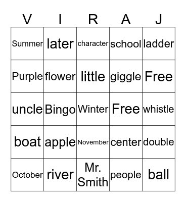 Homework Bingo Card