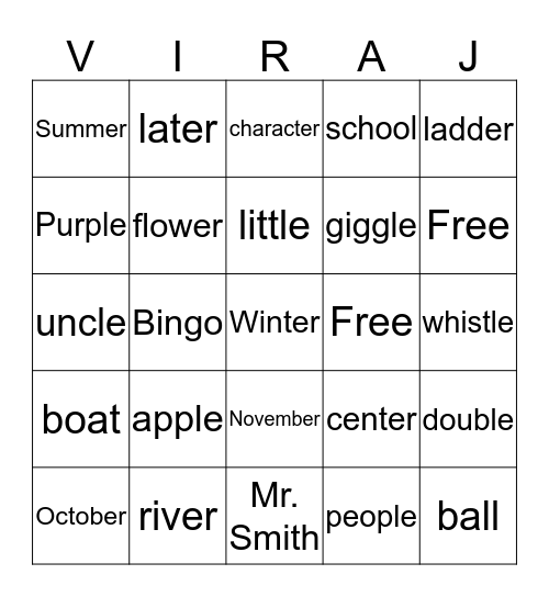 Homework Bingo Card